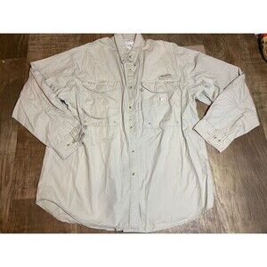 Columbia Button Up Shirt Mens Medium M Beige Long Sleeve Vente Sides Hiking Fish